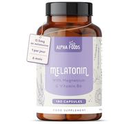 Melatonine 0,5 mg | 180 capsules | pour Endormissement Rapide, Sommeil & Jet Lag | Magnésium, L-Tryptophane, Passiflore, Lavande, Camomille & Vitamine B6 | Mélatonine pour Dormir | Alpha Foods