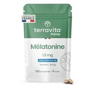 MELATONINE 1,9 mg | Diffusion Immédiate | Endormissement Rapide - Sommeil Profond - Jet Lag | 120 Comprimés à croquer arôme Myrtille | 4 Mois de Cure | Fabriqué en France | Terravita Prime