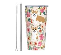 Melbrakin Corgi Flowers Gobelet fin en acier inoxydable - Tasse de voyage à double paroi de 20 oz avec couvercle anti-éclaboussures, paille et brosse de nettoyage pour le bureau à domicile