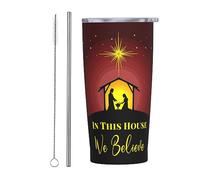 Melbrakin Crèche de Noël dans cette maison, nous croyons gobelet avec couvercle et paille gobelet isolé sous vide en acier inoxydable de 20 oz tasses à café réutilisables tasse de voyage