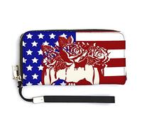 Melbrakin Drapeau américain avec Un crâne et des Roses Portefeuille pour Femme Portefeuilles de Grande capacité pour Dames Pochettes Longues Sac à Main en PU imprimé avec Fermeture à glissière