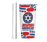 Melbrakin Gobelet du Mois du patrimoine juif américain avec couvercle et paille Gobelet isolé sous vide en acier inoxydable de 20 oz Tasses à café réutilisables Tasse de voyage