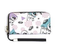 Melbrakin Mignon Carlin Astronautes et Figures Géométriques Portefeuille pour Femme Portefeuilles de Grande Capacité pour Dames Pochettes Longues Sac à Main en PU imprimé avec Fermeture à glissière