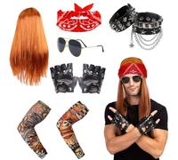 Meleager Deguisement Annee 70 80 90, Costume Rocker, Deguisement Punk, Accessoire Rock avec Perruque Lunettes Gants Bracelet Bandanas Tatouage-Manches, pour Carnaval & Fête à thème