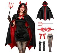 Meleager Déguisement Diable Femme, Costume Halloween avec Cape Noire Rouge, Baton du Diable, Cache-œil et Gants en Dentelle, Collants Spider, Deguisement Sorcière pour Halloween, Carnaval