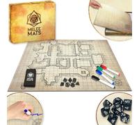 Melee Mats Kit de démarrage de carte DND - 58,4 x 68,6 cm double face, grille de terrain de combat effaçable à l'eau et à sec - Expérience de jeu de table ultime avec accessoires