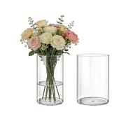 MELEJIA Lot de 2 Vases Acrylique Transparent Rond, Incassable aux Chocs et Léger, Vases Cylindriques pour Fleurs Fraîches/Séchées/Décoration Minimaliste, Intérieur/Extérieur - 12 x 20 und 15 x 20 cm