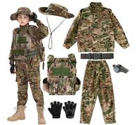 MELFZDM Ensemble de Costume Militaire pour Enfants, Gilet Tactique, Tenue de Camouflage avec Veste et Pantalon, Chapeau Boonie, Gants, Ceinture et Sifflet, Camouflage, Camouflage vert., 130Größe