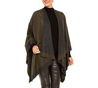 MELIFLUOS DESIGNED IN SPAIN Ruana Poncho Cape Cardigan ouvert sur le devant pour le printemps, l'automne et l'hiver, Motif bordure - Vert militaire et gris, Taille unique