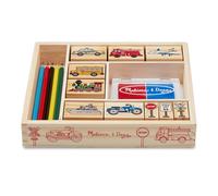 Melissa & Doug Jeu de timbres en bois Véhicules, Tampons, Cadeau pour filles et garçons, 9 timbres, tampon d’encre, 5 crayons, Jouet créatif, Loisirs créatifs pour filles et garçons de 3 4 5 6 7 ans