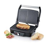 Melissa Panini Presse et grille de table, grille-pain électrique 1600 W avec ouverture à 180 degrés, charnière flottante, plaques antiadhésives - Acier inoxydable/noir