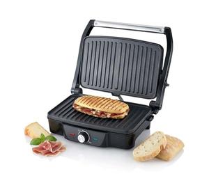 Melissa Panini Presse et grille de table, grille-pain électrique 1600 W avec ouverture à 180 degrés, charnière flottante, plaques antiadhésives - Acier inoxydable/noir