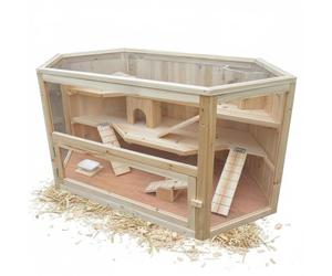 Melko Cage en bois pour petits animaux, 115 x 60 x 58 cm, avec 2 niches, 3 escaliers, 2 balançoires, 3 étages, pour rongeurs, hamsters, souris