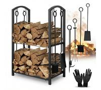 Melko Ensemble de 6 pièces de rangement pour bois de cheminée et gants de cheminée avec crochets latéraux pour intérieur et extérieur - Étagère en métal à 2 niveaux - Dimensions : 46x31x74 cm