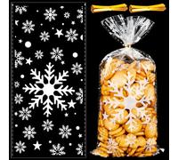 MELLIEX 100 Pièces Sachet Biscuit Noël, Flocon de Neige Sachet Bonbon, Sachet Cellophane Transparent avec Cravates Torsadées