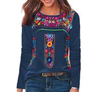 Melliflo Chemises mexicaines à manches longues pour femme, chemisier paysanne brodé floral, style ethnique, bohème, Bleu marine, S