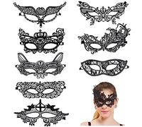 mellystore 8 Pièces Masque de Mascarade Femme Masque Venitien Dentelle Noir Masque Yeux Dentelle pour Halloween Mascarade Carnaval Fête Bal Costumé Soirée
