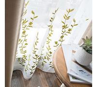 Melodieux Rideau Transparent brodé à Fleurs pour Salon, Chambre à Coucher, Style Ferme, Voile drapé, Blanc/Vert, 132 x 248 cm (1 Panneau)