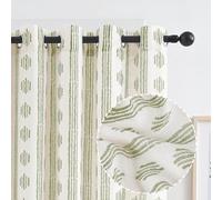 Melodieux Rideaux de fenêtre semi-transparents texturés en lin à motif rayé bohème pour chambre à coucher, salon, rideaux de fenêtre filtrant la lumière, 127 x 274 cm, sauge sur beige (2 panneaux)