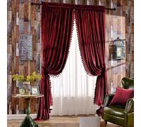 Melodieux Rideaux de luxe en velours à pompons pour chambre à coucher, salon, chambre à coucher, salon, rideaux décoratifs de fenêtre occultants avec passe-tringle, 132,1 x 213,4 cm (l x L), bordeaux