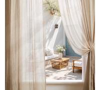 Melodieux Rideaux Lin Beige, Lot de 2 Semi-Transparent Moderne Rideaux et Draperies Décorations Intérieurs Cuisine Salon Chambre Élégant Romantique, Rideau sans Oeillet (Beige, 140L X 260H cm)