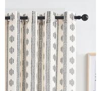 Melodieux Rideaux semi-transparents à texture de lin à motif rayé bohème pour chambre à coucher, salon, rideaux de fenêtre filtrant la lumière, 127 x 160 cm, noir sur beige (2 panneaux)