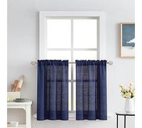 Melodieux Rideaux semi-transparents bleu marine de 91,4 cm de long pour cuisine, café, chambre à coucher, petites fenêtres, aspect lin avec passe-tringle, 2 panneaux
