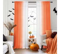 Melodieux Rideaux semi-transparents en lin ombré de 150 cm de long pour le salon, orange et blanc dégradé horizontal, 132 x 150 cm, 2 panneaux