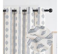 Melodieux Rideaux semi-transparents texturés en lin à motif rayé bohème pour chambre à coucher, salon, rideaux de fenêtre filtrant la lumière, 127 x 243 cm, bleu sur beige (2 panneaux)