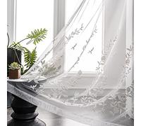 Melodieux Voilage brodé à Fleurs pour Salon, terrasse, Porte coulissante, Large fenêtre avec Passe-Tringle, Motif Fleur Blanche, 254 x 243 cm (1 Panneau)