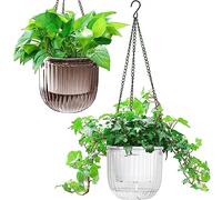 Melphoe Lot de 2 pots de fleurs à suspendre à auto-arrosage pour intérieur et extérieur, 16,5 cm, panier de fleurs à suspendre avec 3 crochets et trous de drainage pour jardin, maison (gris + blanc)