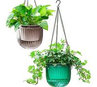 Melphoe Lot de 2 Pots de Fleurs à Suspendre à Auto-arrosage pour intérieur et extérieur, 16,5 cm, Panier de Fleurs Suspendu avec 3 Crochets et Trous de Drainage pour Jardin, Maison (émeraude + Gris)