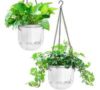 Melphoe Lot de 2 pots de fleurs à suspendre à auto-arrosage pour intérieur et extérieur, 16,5 cm, panier de fleurs à suspendre avec 3 crochets et trous de drainage pour jardin et maison (transparent)
