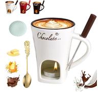 Meltie Cup, Chocolate Fondue Mug Set, Ceramic Cheese Melting Cup with Fork and Tea Candle, Handcrafted Fondue cups, Tea Light Heating Butter Warmer, for Cheese Chocolates Butter (White,with Candle)