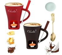 Meltie Cup, Chocolate Fondue Mug Set, Ceramic Cheese Melting Cup with Fork and Tea Candle, Handcrafted Fondue cups, Tea Light Heating Butter Warmer, for Cheese Chocolates Butter (2pcs-1,no Candle)