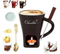Meltie Cup, Chocolate Fondue Mug Set, Ceramic Cheese Melting Cup with Fork and Tea Candle, Handcrafted Fondue cups, Tea Light Heating Butter Warmer, for Cheese Chocolates Butter (Brown,no Candle)