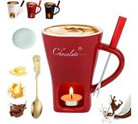 Meltie Cup, Chocolate Fondue Mug Set, Ceramic Cheese Melting Cup with Fork and Tea Candle, Handcrafted Fondue cups, Tea Light Heating Butter Warmer, for Cheese Chocolates Butter (Red,with Candle)