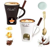 Meltie Cup, Chocolate Fondue Mug Set, Ceramic Cheese Melting Cup with Fork and Tea Candle, Handcrafted Fondue cups, Tea Light Heating Butter Warmer, for Cheese Chocolates Butter (2pcs-3,with Candle)