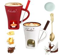 Meltie Cup, Chocolate Fondue Mug Set, Ceramic Cheese Melting Cup with Fork and Tea Candle, Handcrafted Fondue cups, Tea Light Heating Butter Warmer, for Cheese Chocolates Butter (2pcs-2,with Candle)