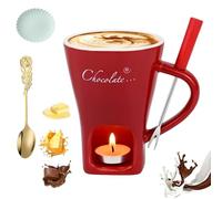 Meltie Cup, Chocolate Fondue Mug Set, Ceramic Chocolate Fondue Coffee Cup with Forks, Mini Simmer Mug for Cheese, Tea Light Heating Butter Warmer, for Cheese Chocolates Butter (Red,with Candle)