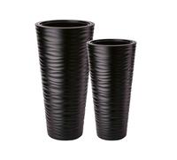 MELTOM Lot de 2 Pots de Fleurs Ronds H 56,5 + 68,5 cm Noir Relief 3D | Pots 25 + 43,7 L · bacs amovibles 5,5 + 9 L à poignées · hauteurs 56,5 + 68,5 cm · sans trou · int. & ext.