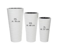 MELTOM Lot de 3 Pots de Fleurs Ronds H 56,5 à 78,5 cm Blanc Relief 3D | Pots 25 + 43,7 + 63 L · bacs amovibles 5,5 + 9 + 13,7 L à poignées · hauteurs 56,5 + 68,5 + 78,5 cm · sans trou · int. & ext.