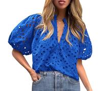 Melwod Hauts à Œillets pour Femmes, Hauts d'été, Blouses à Œillets pour Femmes Découpe Vide en Dentelle Brodée, Blouse à Col V avec Boutons, Manches Bouffantes Bleues, Grande