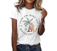 Même le vent et les vagues lui obéissent chemise chrétienne vers la Bible chrétienne T-shirt à manches courtes pour l'été T-shirt de loisirs pour femme, Blanc., M
