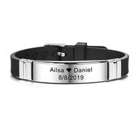 MeMeDIY 13mm Large Identification De Nom De Sport Réglable en Silicone Bracelet Personnalisé pour Homme Femme Enfant Caoutchouc en Acier Inoxydable - Gravure Personnalisée (Noir Couleur)