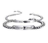 MeMeDIY 2 Pièces Bracelets de Couple Personnalisés Nom/Date de la Gravure pour Petit Ami Petite Amie Bracelets Ajustables en Acier Inoxydable Cadeau de Relation Amoureuse(Couleur Argent)
