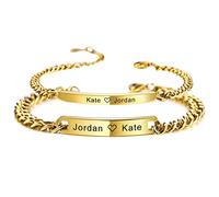 MeMeDIY 2 Pièces Bracelets de Couple Personnalisés Nom/Date de la Gravure pour Petit Ami Petite Amie Bracelets Ajustables en Acier Inoxydable Cadeau de Relation Amoureuse(Couleur Or)