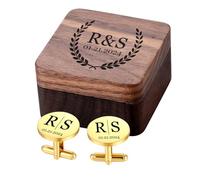 MeMeDIY Boutons de Manchette et Pince à Cravate Personnalisée avec Boîte en Bois Gravée Boutons de Manchette de Mariage avec Lettre Nom Texte Gravée pour Le Marié/Papa/Hommes B2