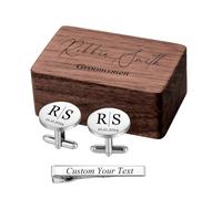 MeMeDIY Boutons de Manchette et Pince à Cravate Personnalisée avec Boîte en Bois Gravée Boutons de Manchette de Mariage avec Lettre Nom Texte Gravée pour Le Marié/Papa/Hommes C1