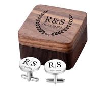 MeMeDIY Boutons de Manchette et Pince à Cravate Personnalisée avec Boîte en Bois Gravée Boutons de Manchette de Mariage avec Lettre Nom Texte Gravée pour Le Marié/Papa/Hommes B1